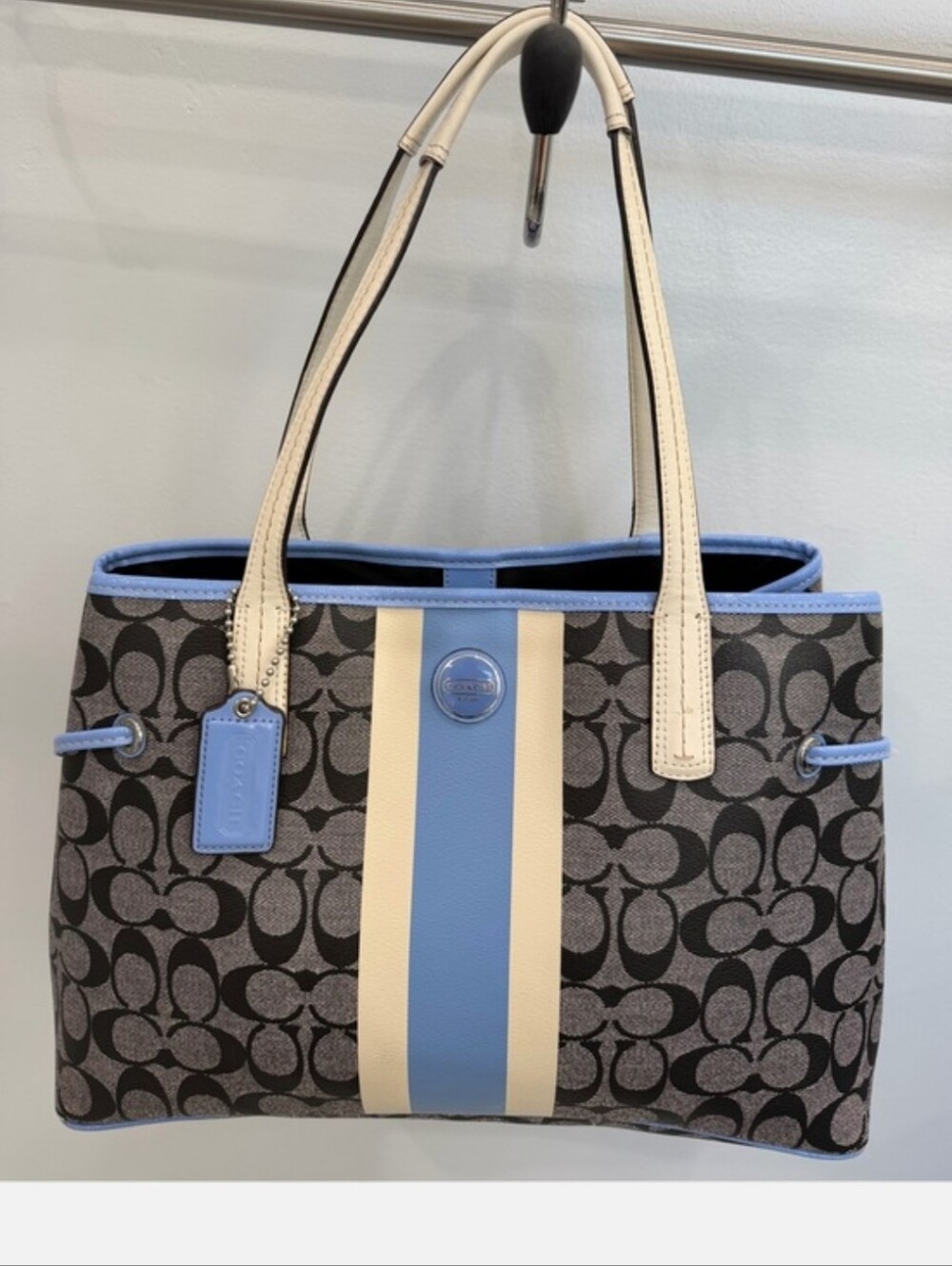 Coach Signature Canvas Tote with Blue & Cream Stripe.EUC Smoke Free Home